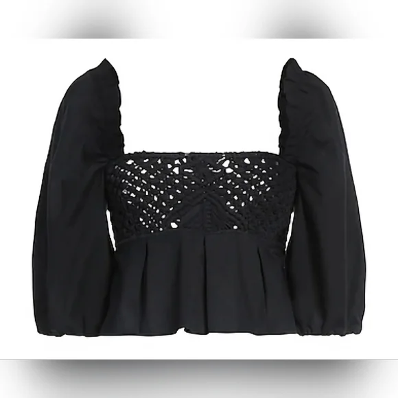 PINKO CROP Black Peplum Top Puffed Sleeve Darts Woven Square Size 2 170/80A - Picture 3 of 12